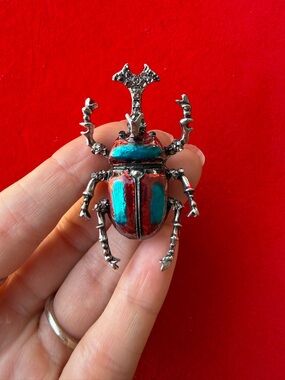 American Vintage Beetle Brooch in Red and Teal